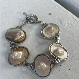 Pearl Accent Silver-Tone Bracelet - Cream Shell Ovals
